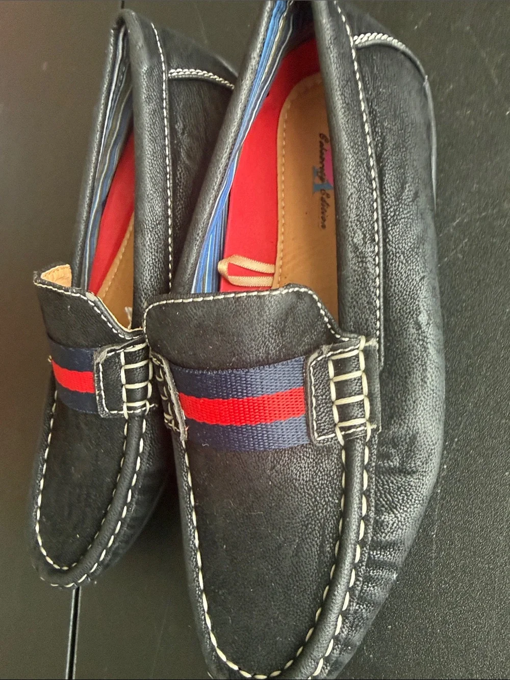 Steve Harvey Black Slip-On Loafers with Red & Blue Band